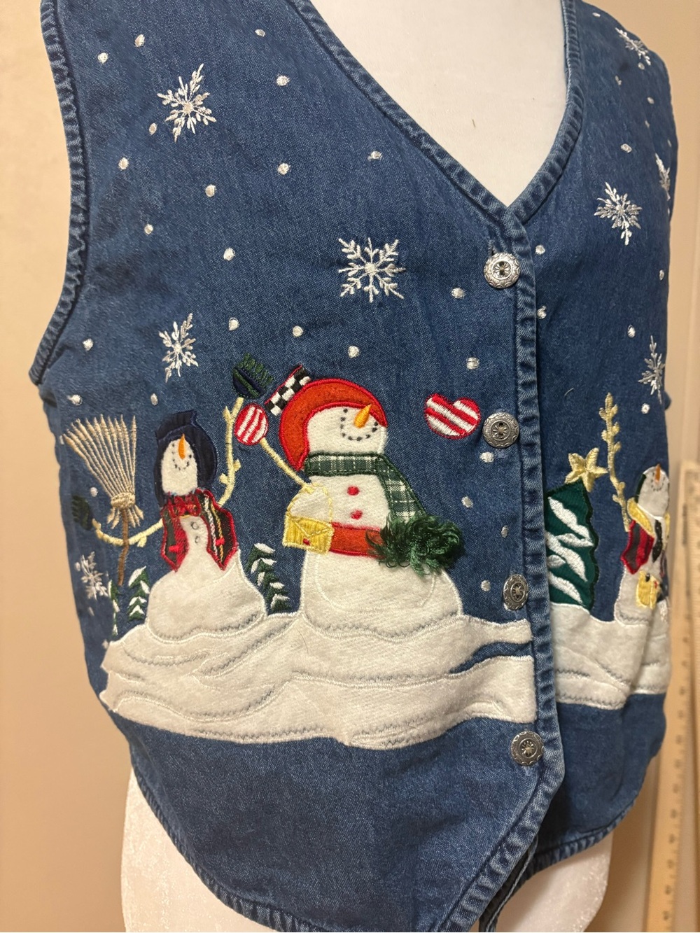 Vintage Christmas Snowman Denim Vest women’s size Large - Picture 3 of 7